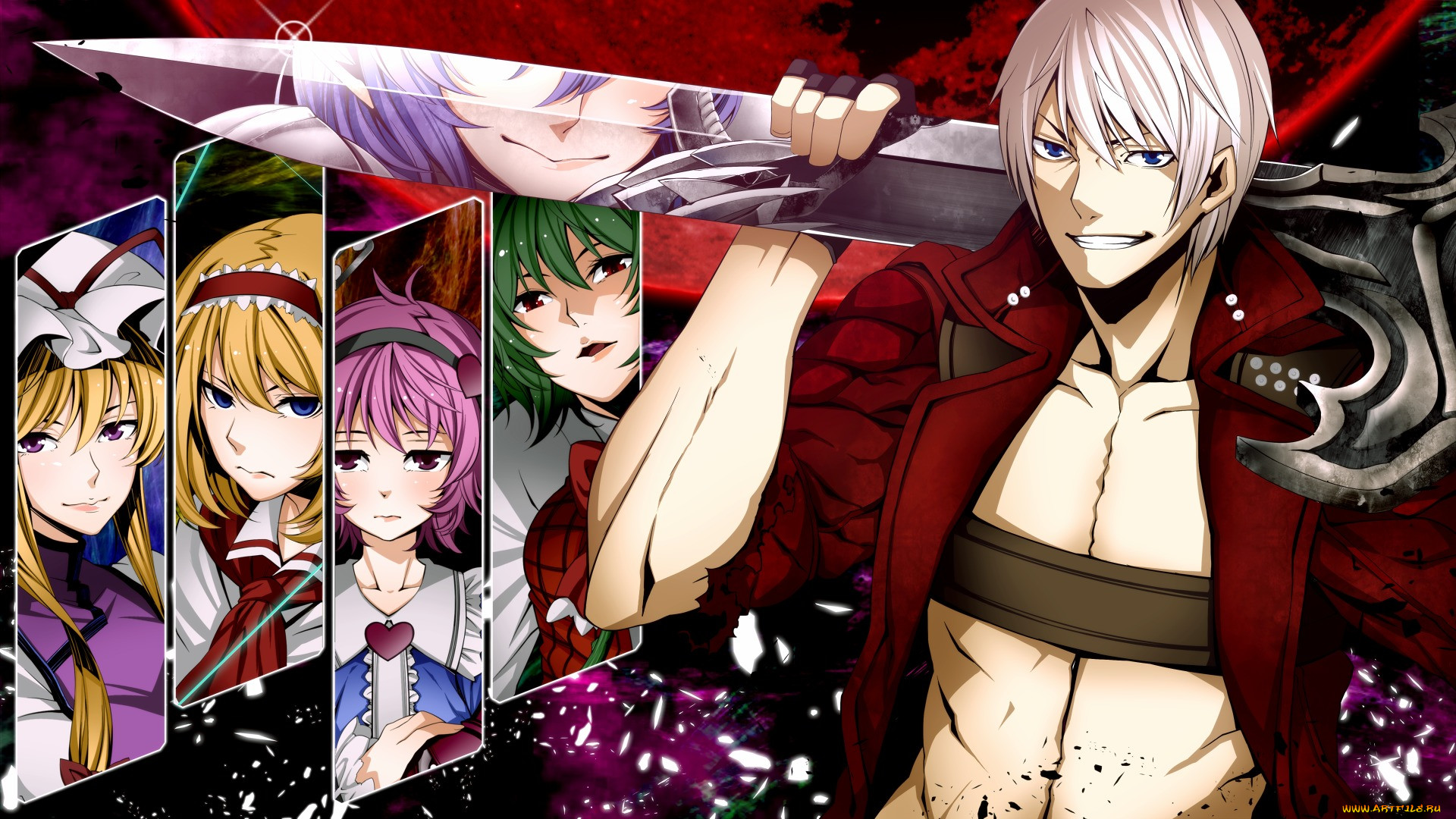 Обои Devil May Cry & Touhou Аниме Devil May Cry, обои для рабочего стола,  фотографии devil may cry & touhou, аниме, devil may cry, парень, меч,  улыбка, девушки, сероволосый Обои для рабочего